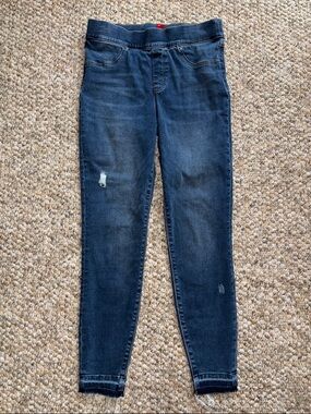 SPANX Dark Blue Stretch Denim Jeggings with Subtle Distressing